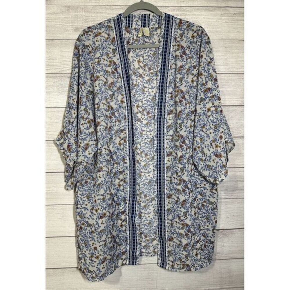 Japna Womens Sz M Kimono Open Front Boho Floral Short Sleeve Cardigan Multicolor